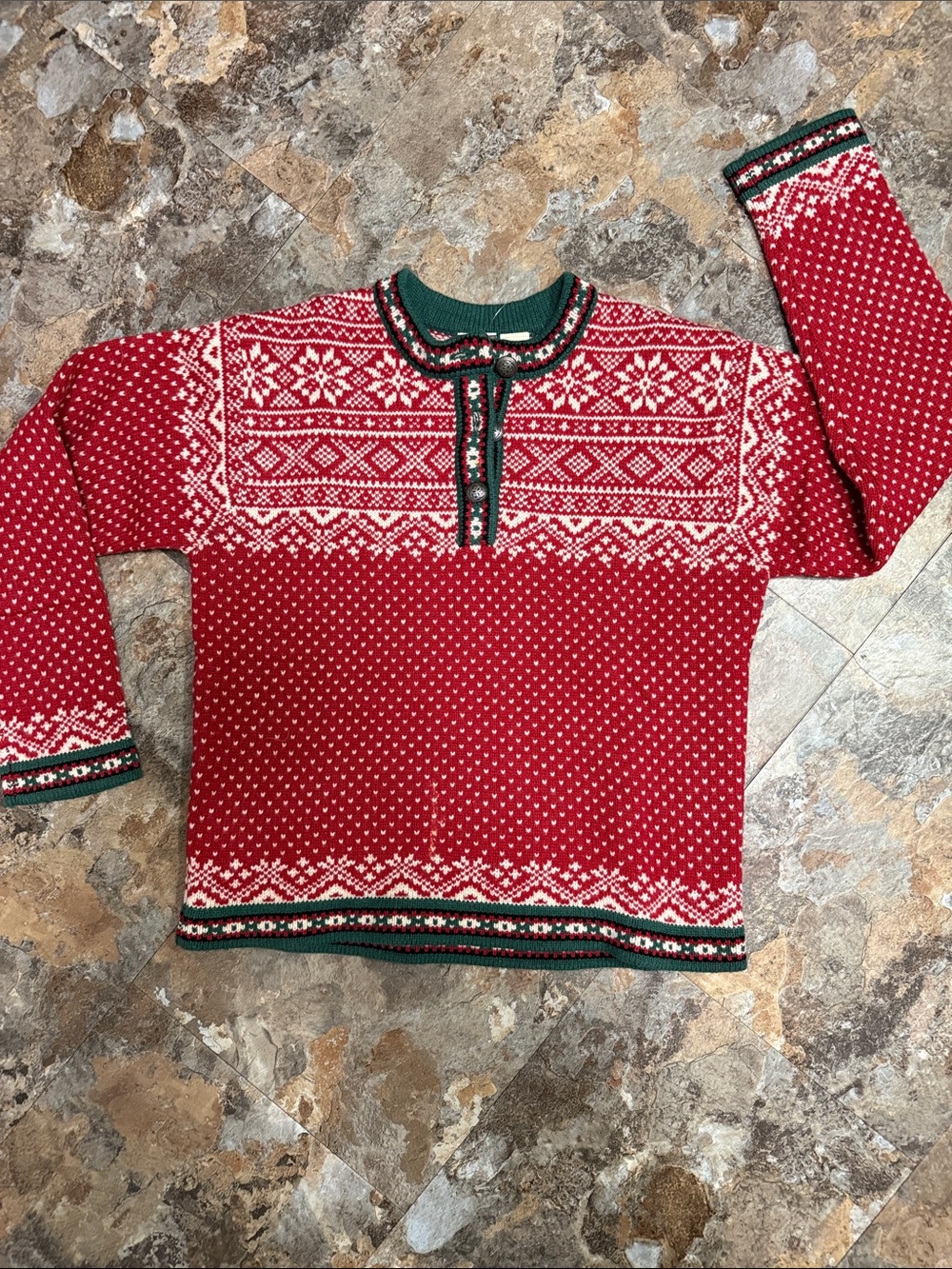 L.L. Bean Red Fair Isle Zip-Up Sweater with Green Trim.